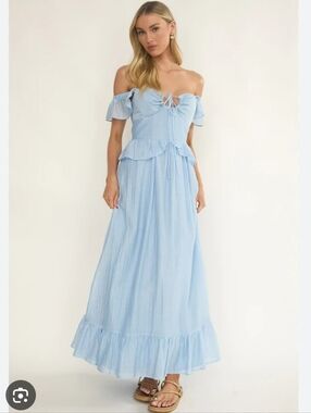 NWOT Selfie Leslie Hanalei Off-Shoulder Tied Bust Light Blue Maxi Dress Medium